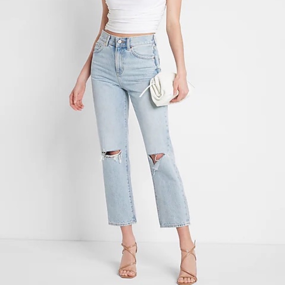 Express Women's High Waisted Light Wash Ripped Straight Ankle Jeans | Size 0